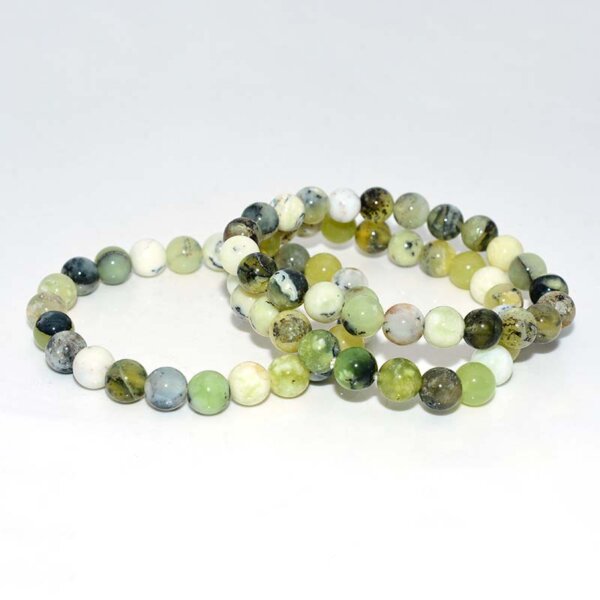 Two Green Opal Bracelets showing variation in bead patterns
