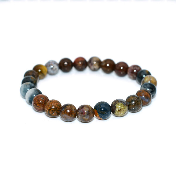 Side view of Pietersite Bracelet showing natural variations in blue, gold, and brown