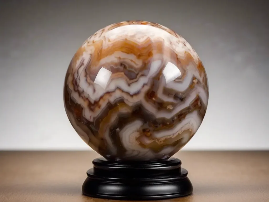 Large polished Flower Agate Meaning sphere with brown and white swirling patterns on display stand