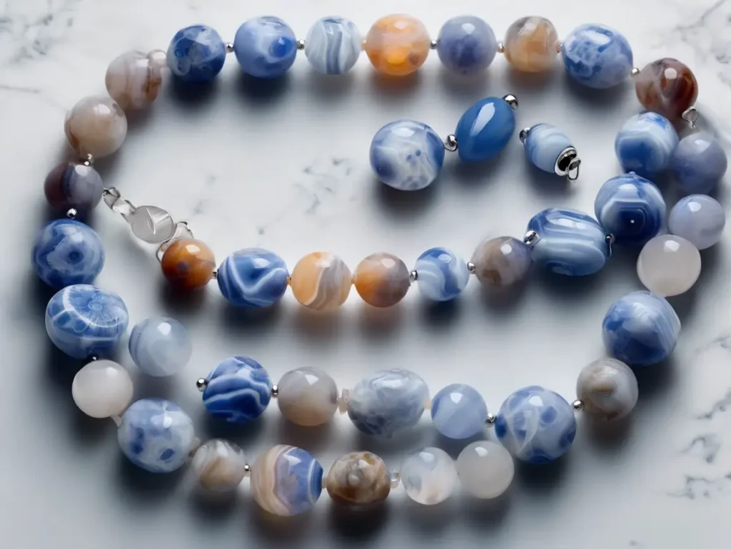 Blue Flower Agate Meaning necklace with alternating white and blue crystal beads
