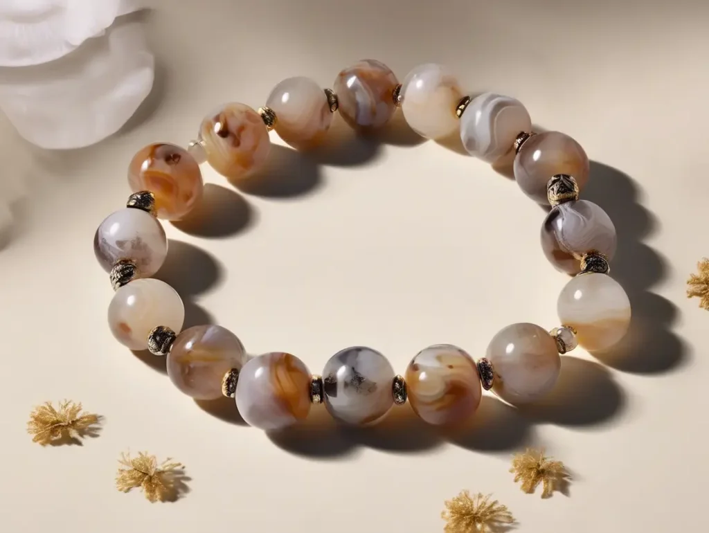 Natural brown and cream Flower Agate Meaning gemstone bracelet for grounding energy