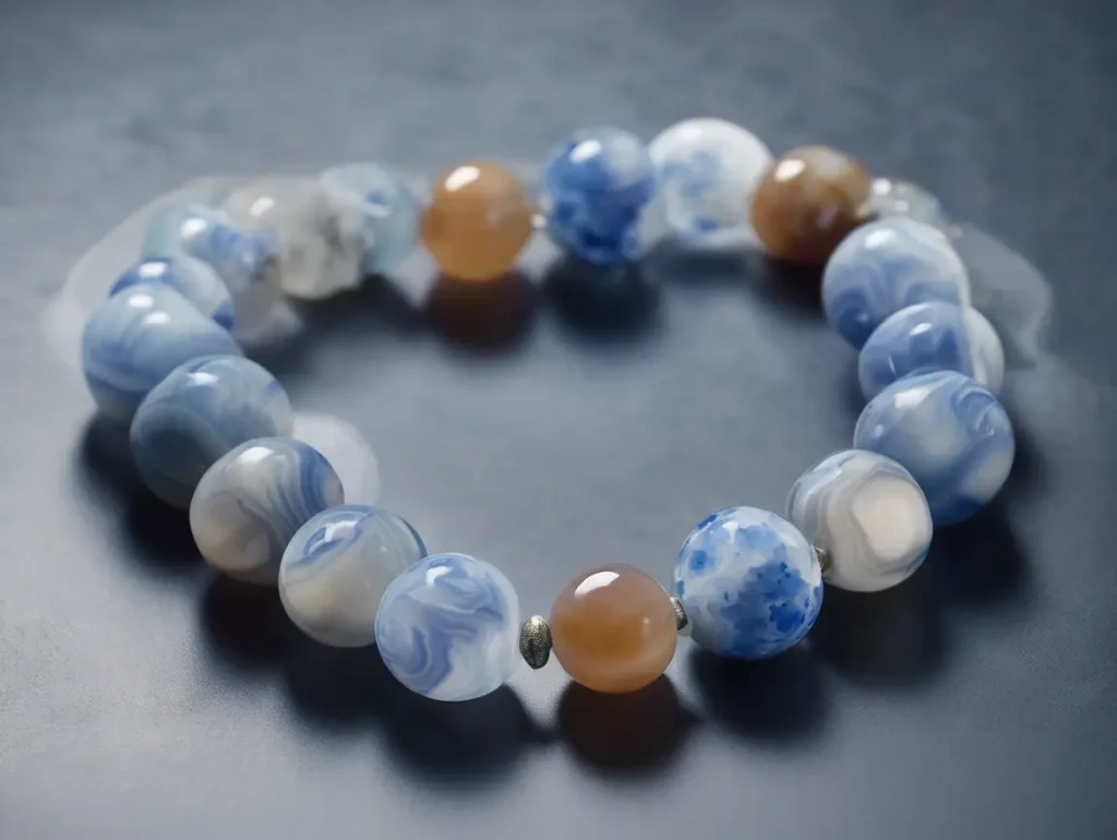 Blue Flower Agate Meaning bracelet with soft sky-blue and white gemstone beads