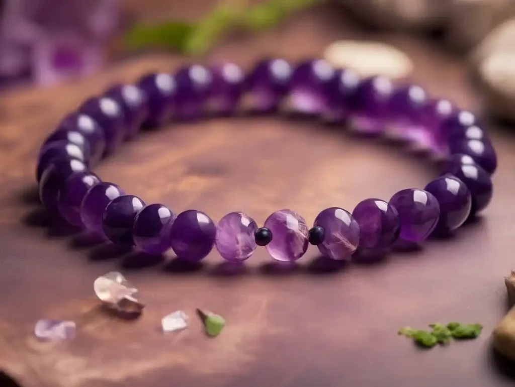 Amethyst Bracelet Meaning featuring amethyst beaded bracelet on wooden surface