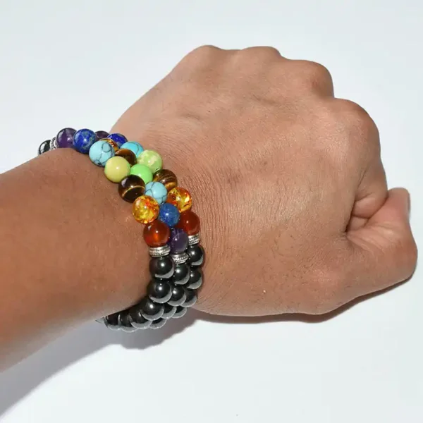Close-up of Hematite Chakra Bracelet worn on hand with 8mm beads