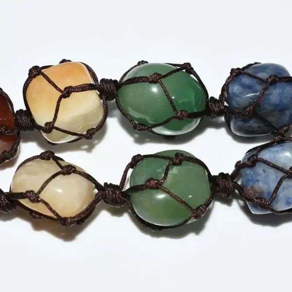 Detail of knots and stones—green aventurine, yellow jade, clear quartz—Macrame Chakra Stones pendant