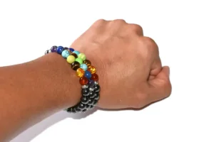 Hematite Chakra Bracelet on wrist showing colorful chakra stones