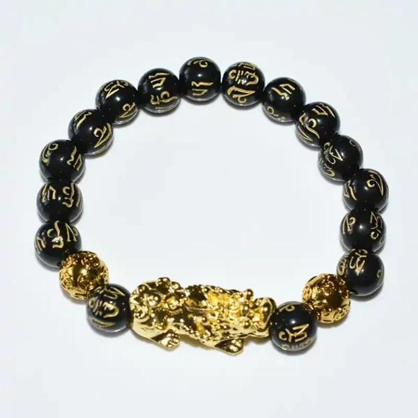 Black Obsidian Feng Shui Bracelet with engraved mantra and Pixiu