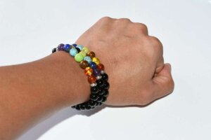 Black Tourmaline Chakra Bracelet worn on left wrist highlighting natural stones