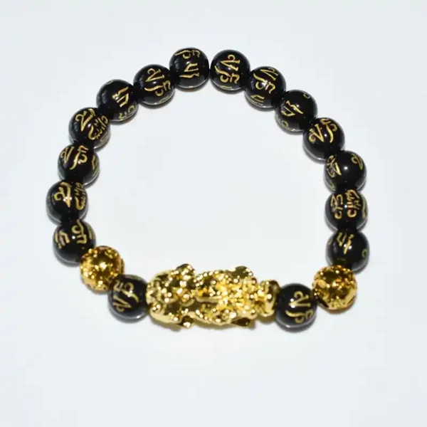 Feng Shui Obsidian Bracelet with gold Pixiu charm arranged in circle