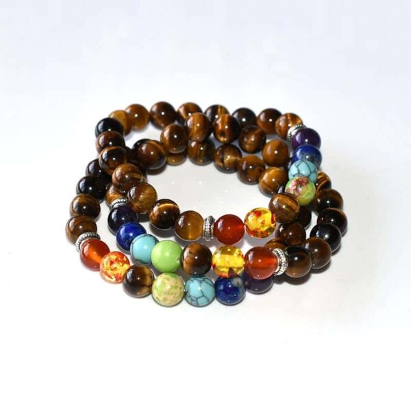 Tiger Eye Chakra Bracelet close-up with polished tiger eye and chakra beads