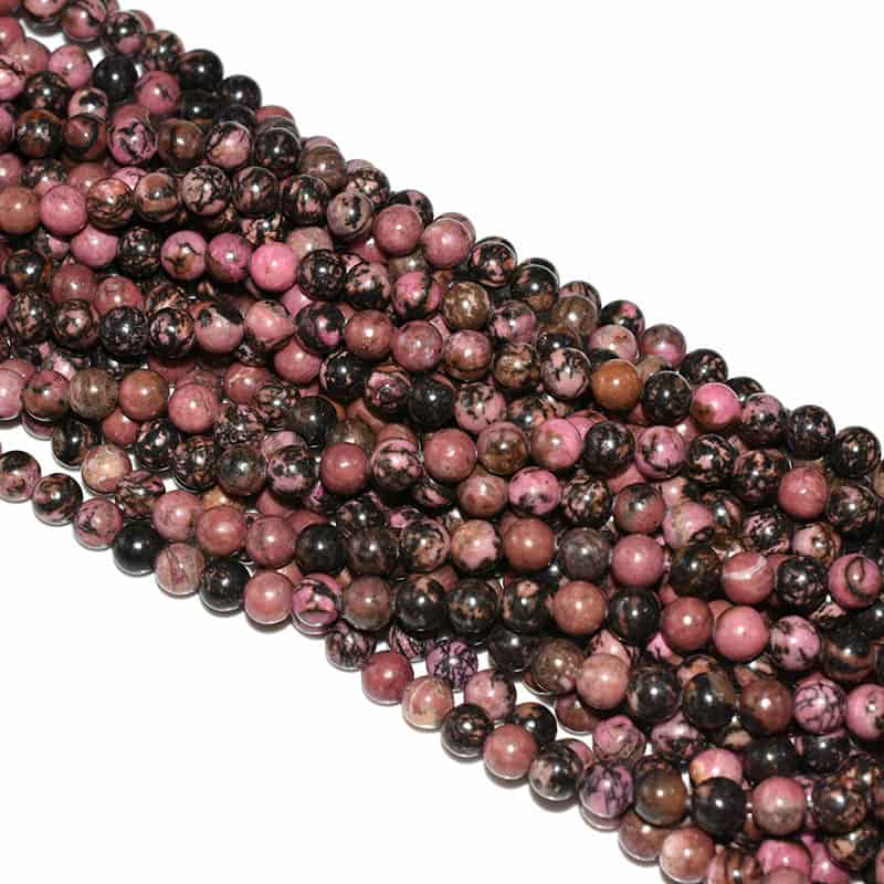 8mm Rhodonite Beads in uniform strands with balanced pink and black tones