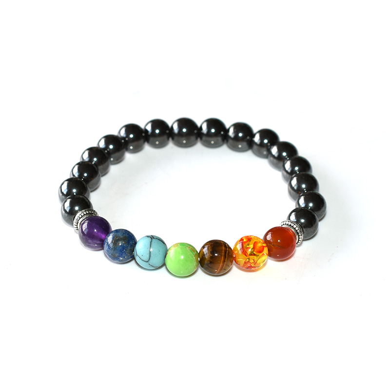 Minimalist Hematite Chakra Bracelet highlighting seven chakra stones and mirror finish