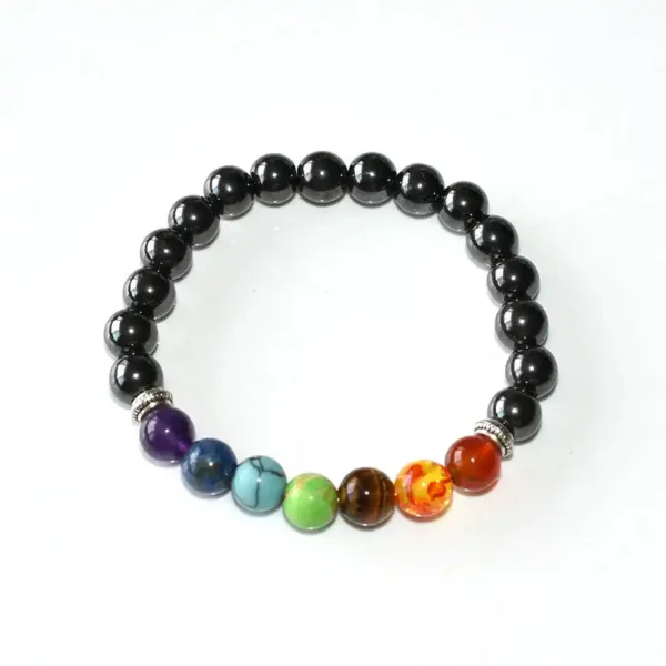 Single Hematite Chakra Bracelet arranged in a round shape on white background