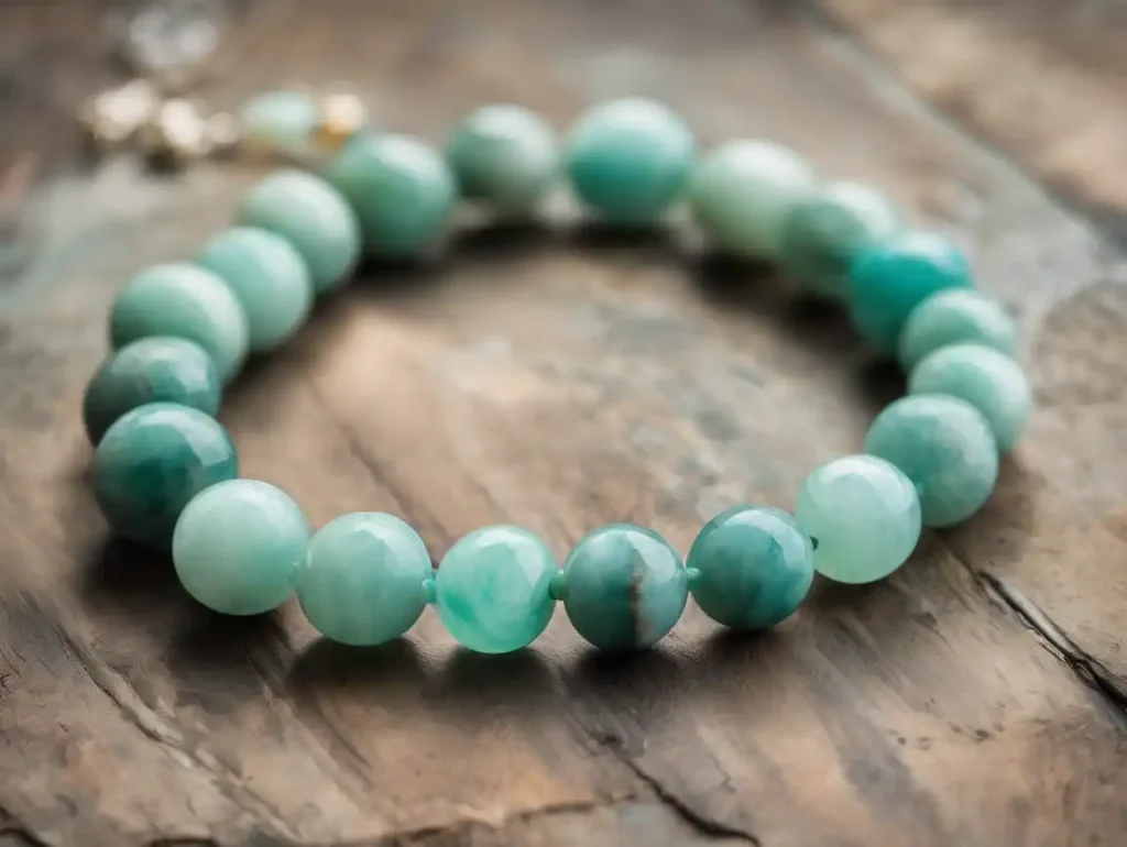 Amazonite Bracelet Benefits – polished amazonite beaded bracelet close-up on wood
