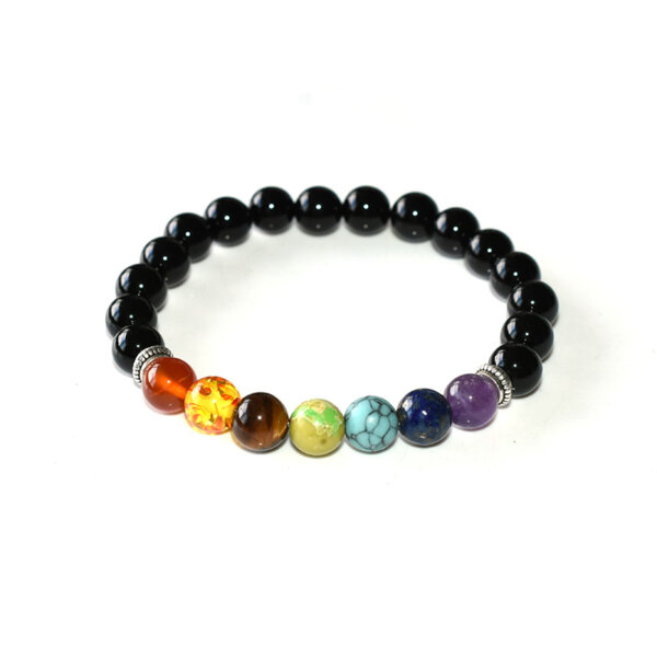 Black Tourmaline Chakra Bracelet with seven chakra beads arranged in a row