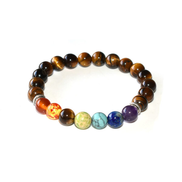 Tiger Eye Chakra Bracelet with colorful seven chakra beads on white background