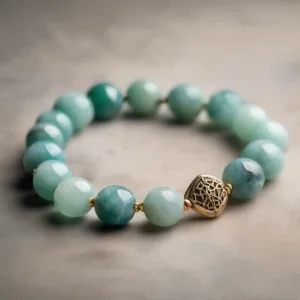 Amazonite Bracelet Benefits – matte amazonite bracelet with gold charm on a beige background