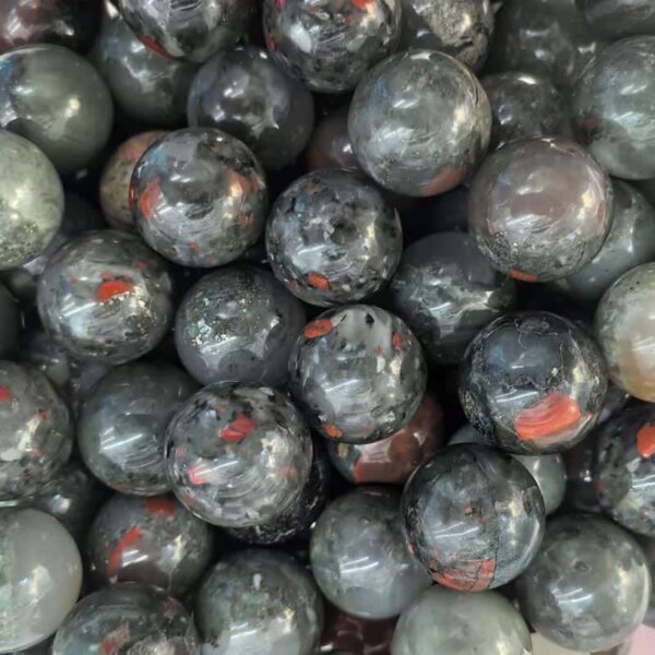 African Blood Jasper 20mm Gemstone Balls — Deep green and red African Blood Jasper gemstone balls, 20mm polished stones.