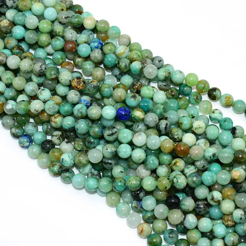Azurite Chrysocolla Beads top view, blue and green gemstone strands with natural luster