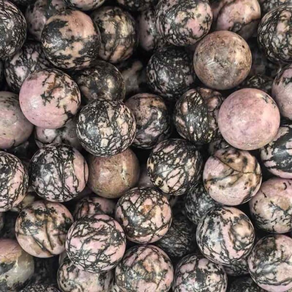 Black Line Rhodonite 20mm Gemstone Balls — Rhodonite gemstone balls with black veins, 20mm polished sphere stones.