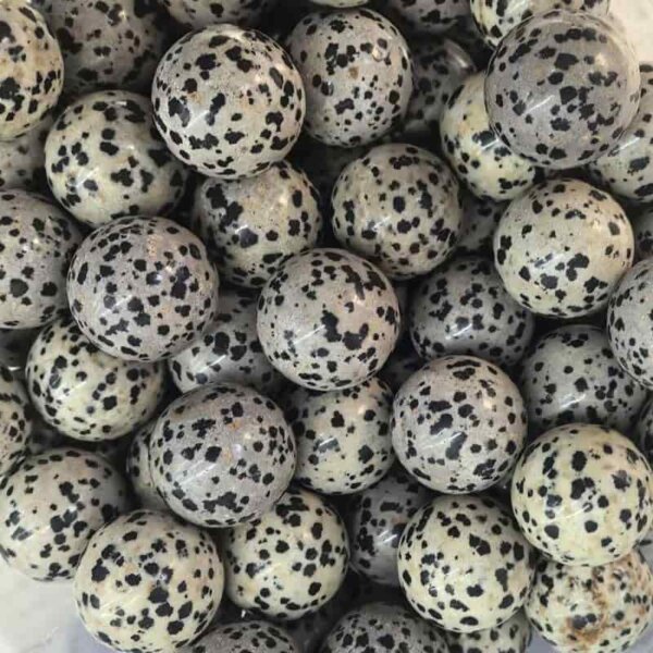 Dalmatian Jasper 20mm Gemstone Balls — Dalmatian Jasper gemstone balls, 20mm beige stones with black spots.