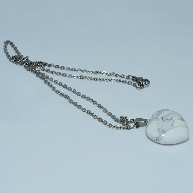 Howlite Heart Stone Necklace with white marble-like gemstone pendant