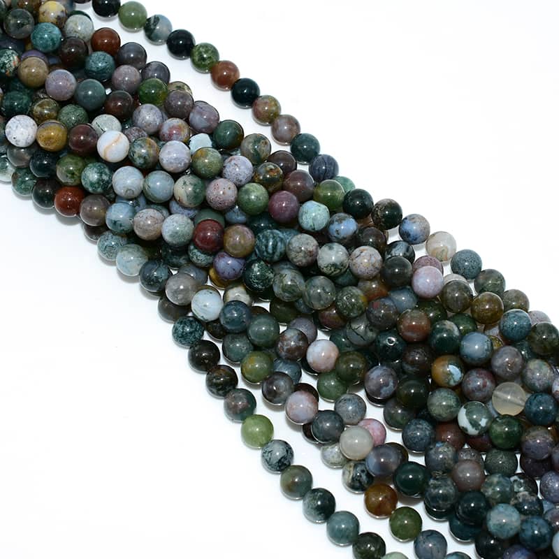 Top view of Indian Agate Beads strands displaying multicolor patterns and natural shine