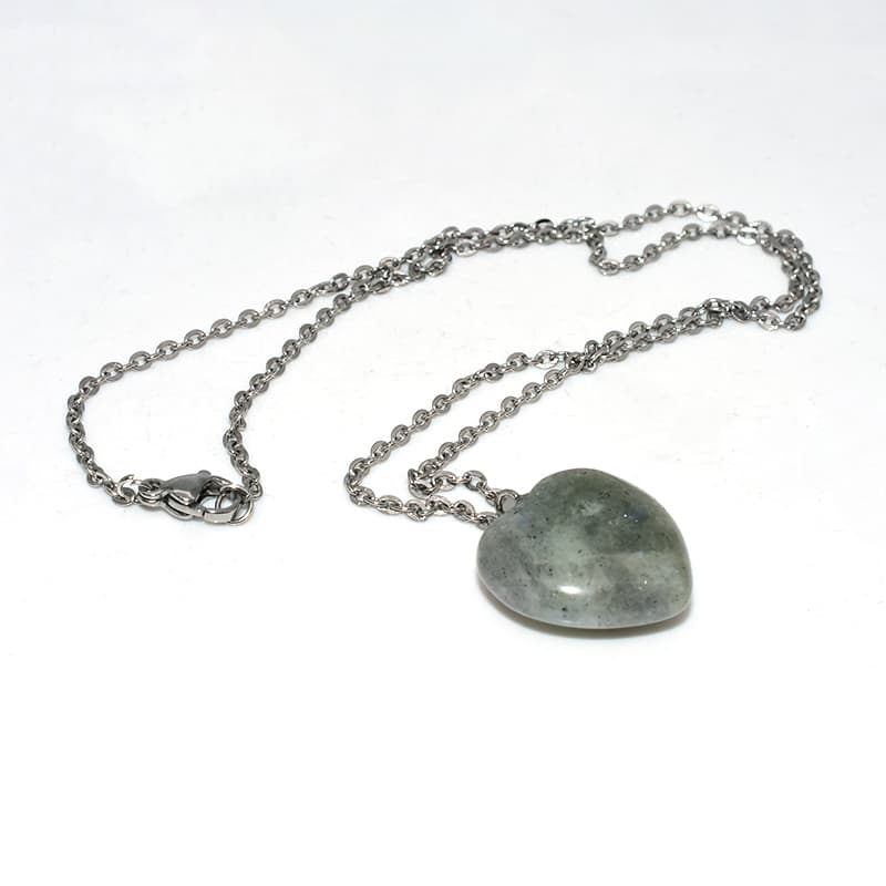 Labradorite Heart Stone Necklace reflecting blue and gray iridescent shine