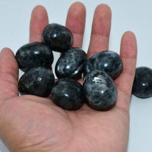 Larvikite Tumbled Stone on hand showing size and smooth texture