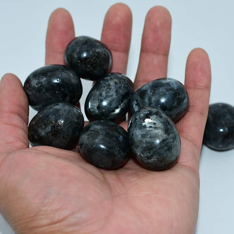 Larvikite Tumbled Stone on hand showing size and smooth texture