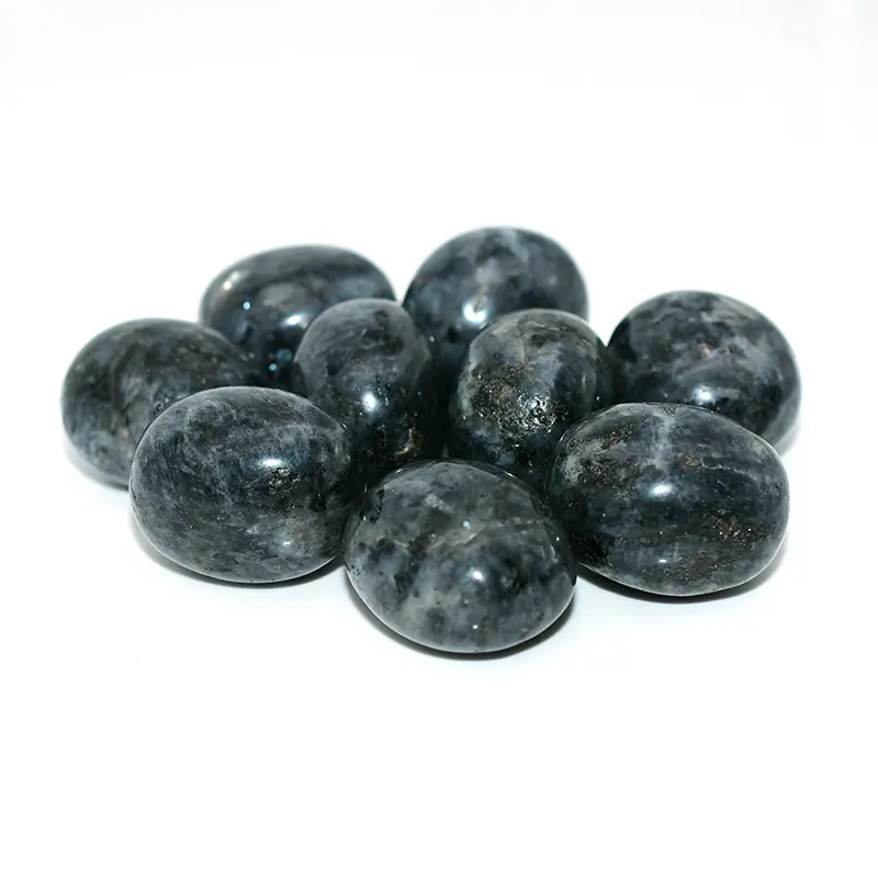 Larvikite Tumbled Stone on left side highlighting polished surface