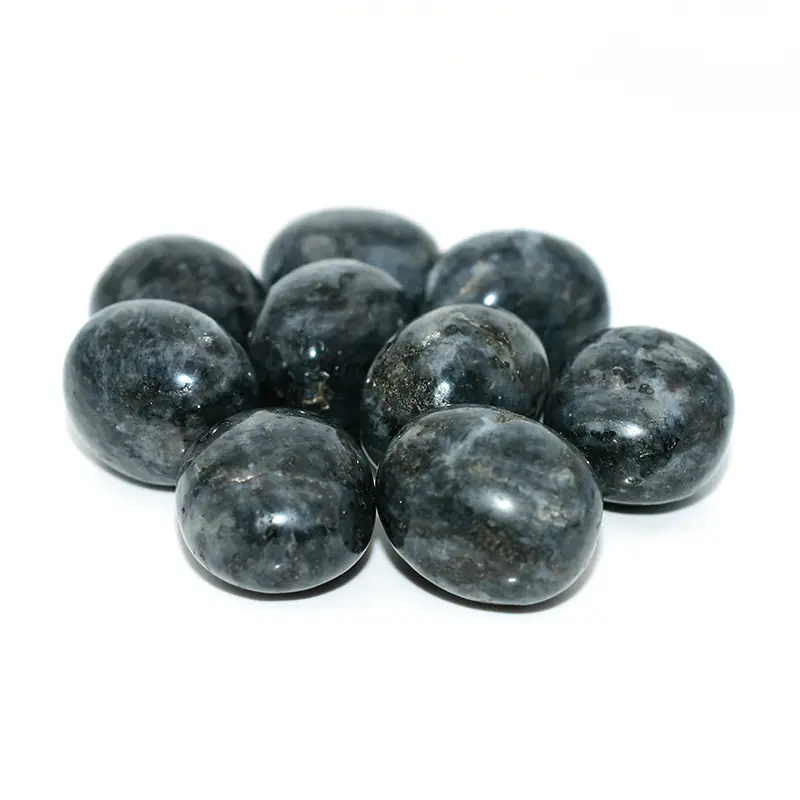 Larvikite Tumbled Stone on right side showing natural silver-blue flash