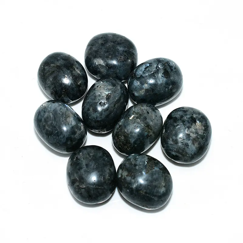 Larvikite Tumbled Stone top view showing multiple tumbled pieces