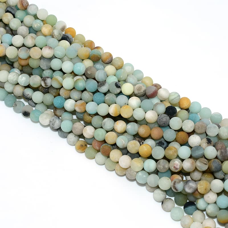 Top view of Matte Amazonite Beads strands arranged together showing uniform round shape and matte luster