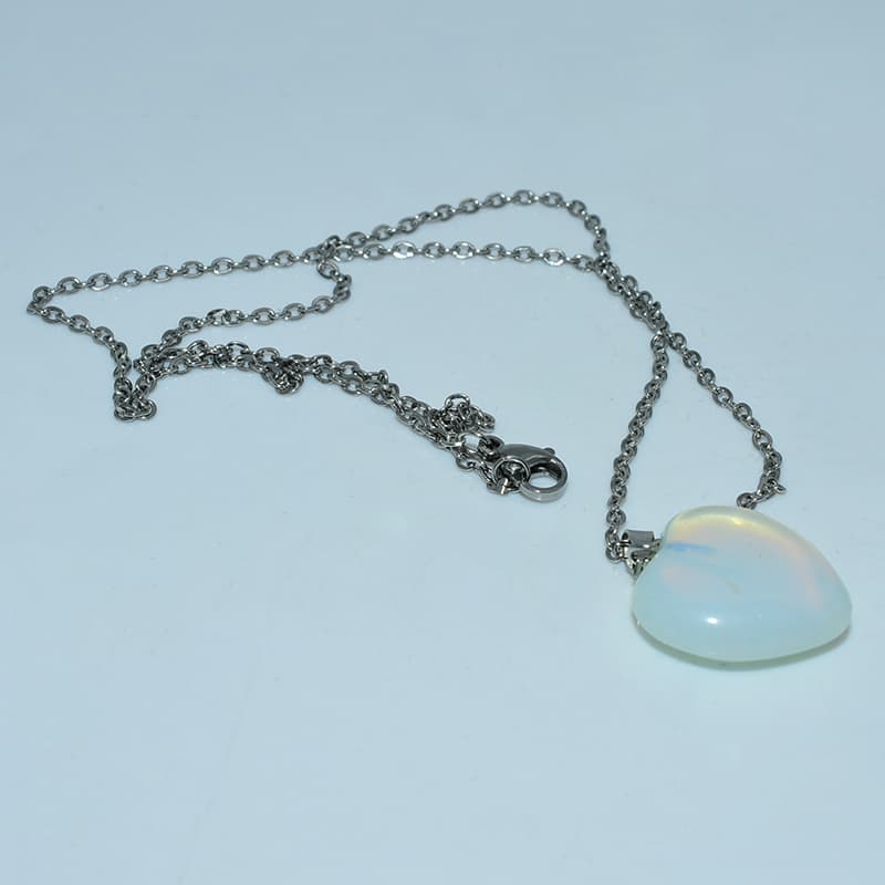 Opalite Heart Stone Necklace with translucent blue-white gemstone charm