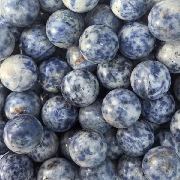 Sodalite 20mm Gemstone Balls — Sodalite gemstone balls, 20mm deep blue and white patterned crystals.