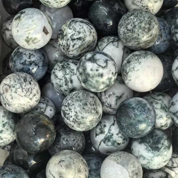Tree Agate 20mm Gemstone Balls — Tree Agate gemstone balls, 20mm white stones with green moss patterns.