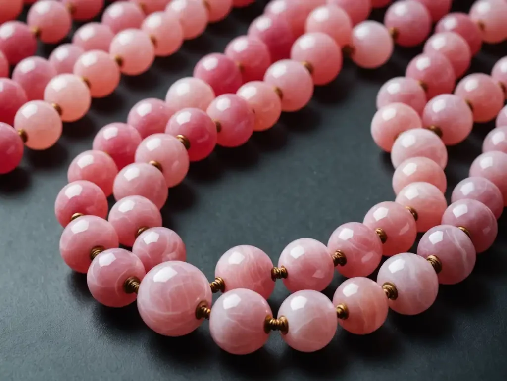 8mm Pink Calcite Buddha necklace showing soft pink beads, illustrating Pink Calcite Meaning and its calming energy.