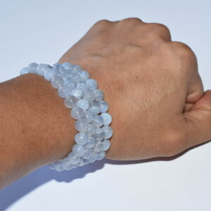 Blue Lace Agate Bracelet on wrist stacked for styling ideas