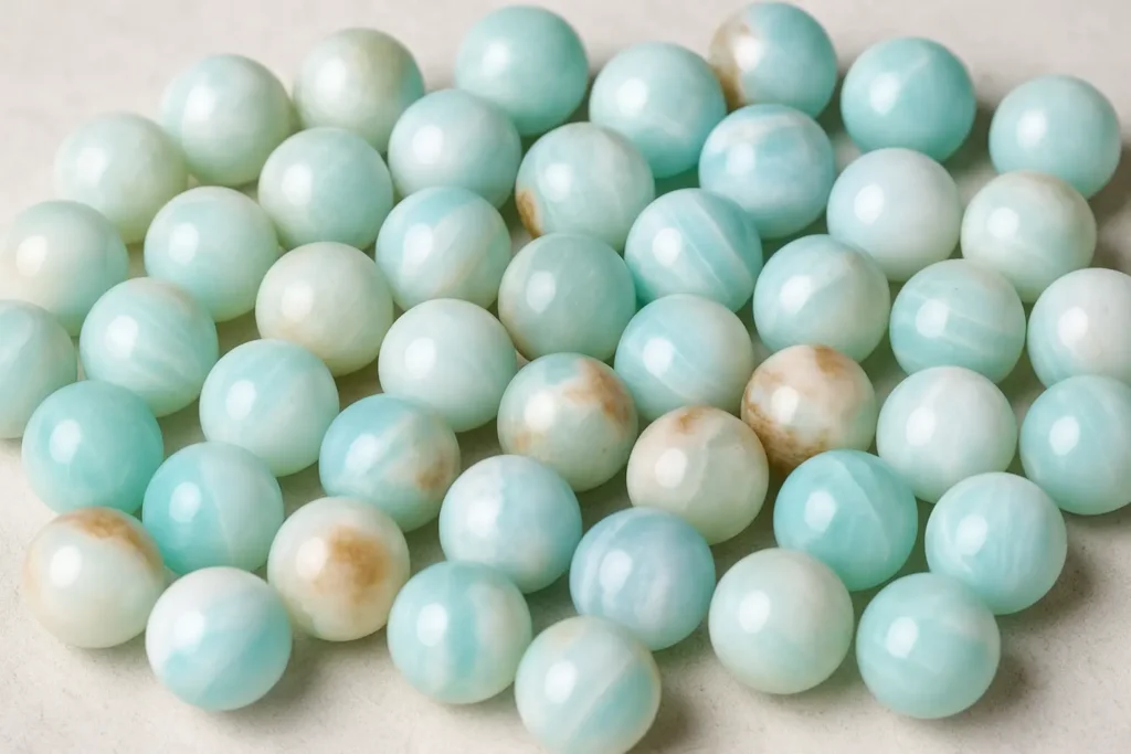 Caribbean Calcite beads in soft ocean blue tones, perfect for jewelry that reflects Caribbean Calcite meaning and benefits.