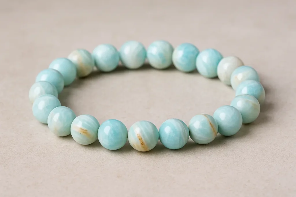 Caribbean Calcite bracelet showing soothing blue crystals, worn to carry Caribbean Calcite meaning for calm and clear communication.