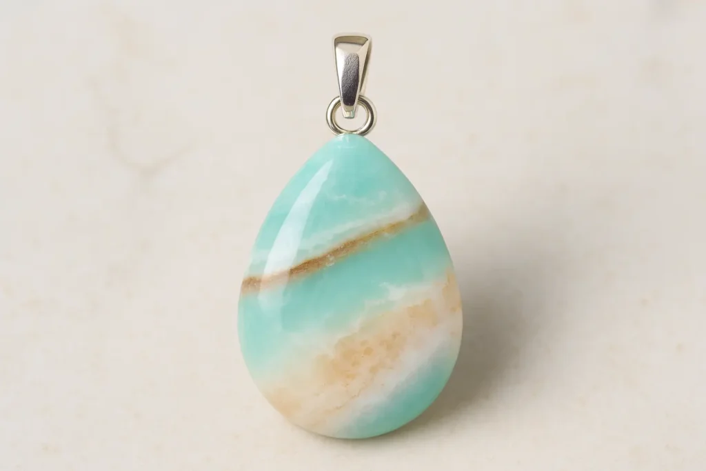 Caribbean Calcite pendant with layered blue and white pattern, highlighting Caribbean Calcite meaning of peace and intuition.