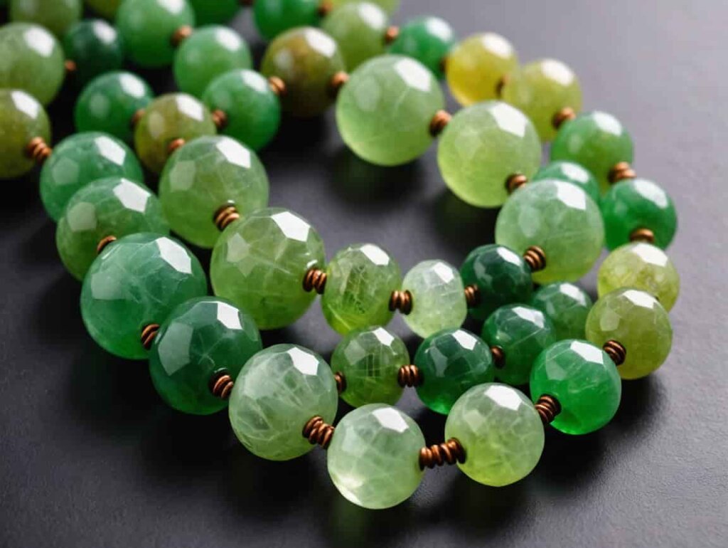 Green Calcite strand beads used in jewelry making, aligned with Green Calcite Meaning.