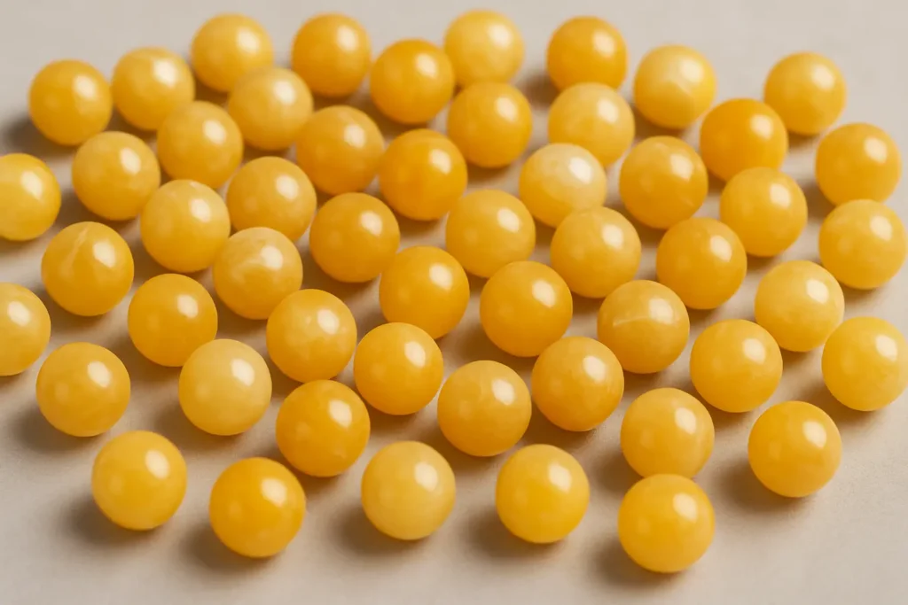 Honey calcite beads showing Honey Calcite Meaning of warmth, confidence and focus