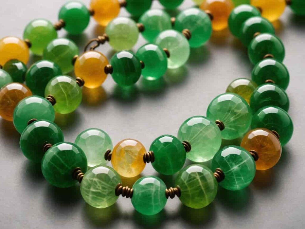 Multicolor Green Calcite beads showing variations related to Green Calcite Meaning.