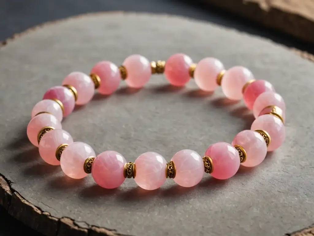 Pink Calcite bracelet with polished round beads, highlighting Pink Calcite Meaning and its emotional healing qualities.