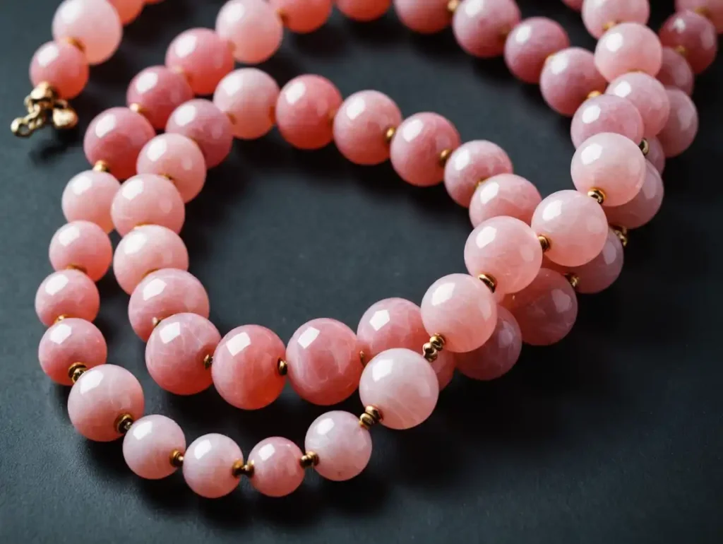 Pink Calcite Buddha necklace with smooth pink beads, reflecting Pink Calcite Meaning and gentle soothing properties.