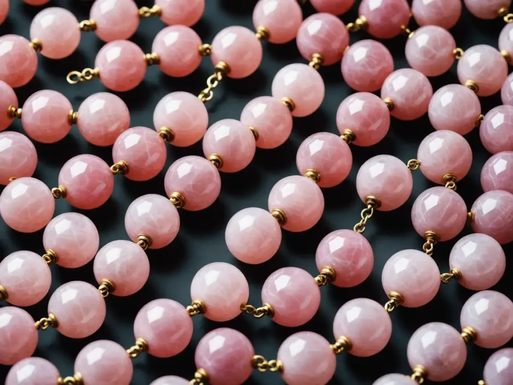 Pink Calcite Buddha necklace displayed on a textured background, representing Pink Calcite Meaning and heart-chakra support.