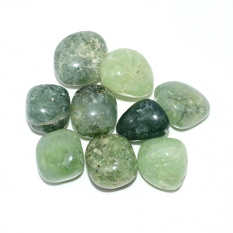 Top details of Prehnite Tumbled Stone group showing green tone and black inclusions