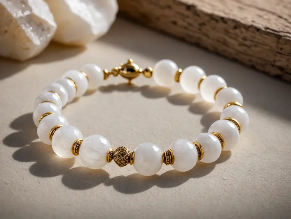 Round white calcite bracelet reflecting White Calcite Crystal Meaning and gentle daily support